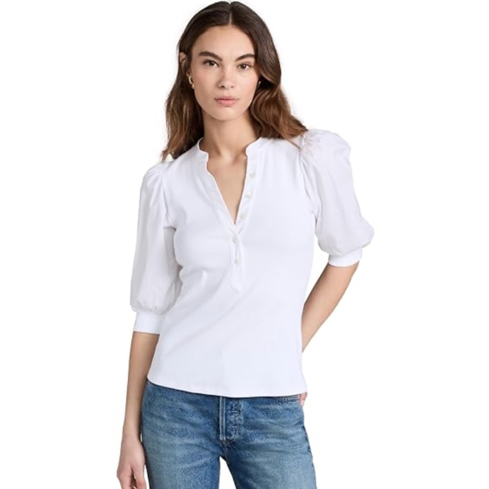 Veronica Beard White Puff Sleeve Button Down Top